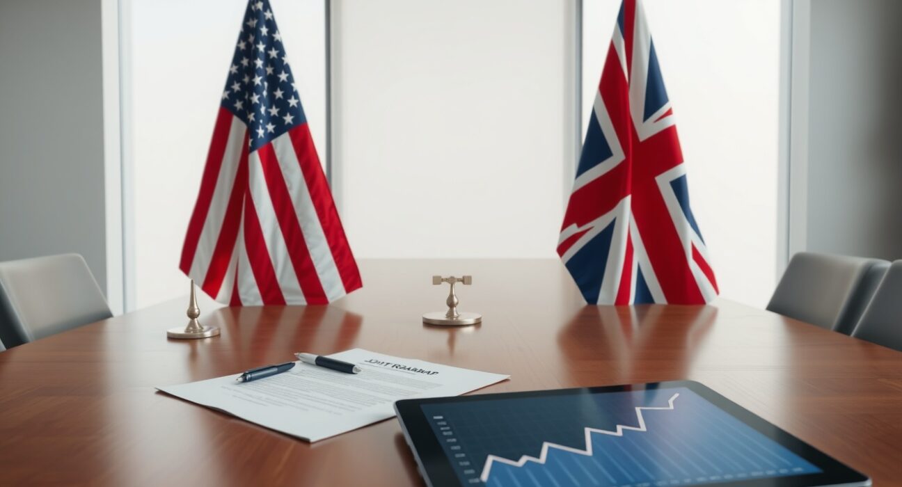 US and UK flags on a table with a joint roadmap document for digital asset regulation.