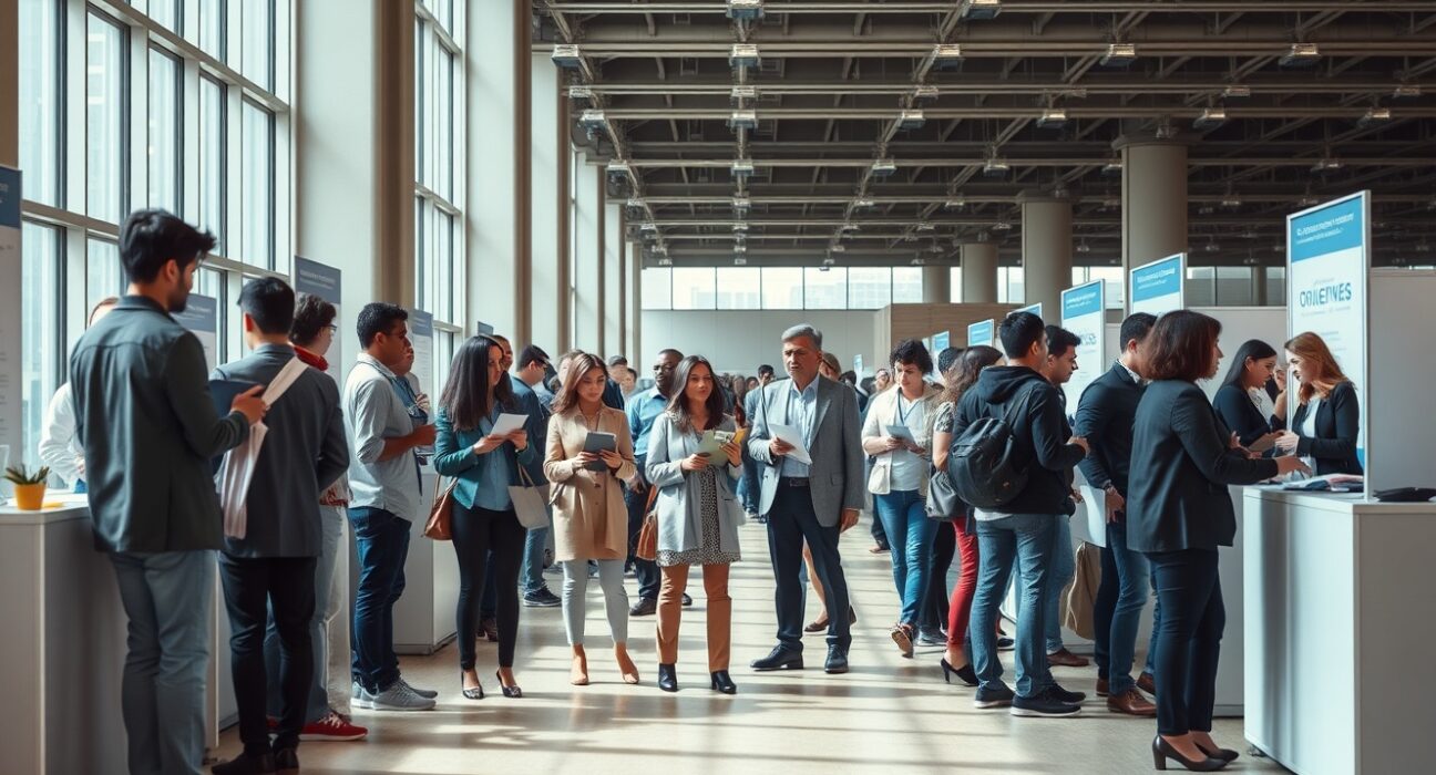 Job seekers and recruiters at a busy hiring event in a US city convention hall.