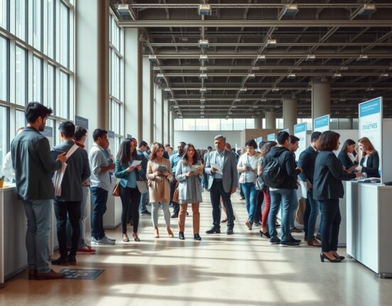 Job seekers and recruiters at a busy hiring event in a US city convention hall.