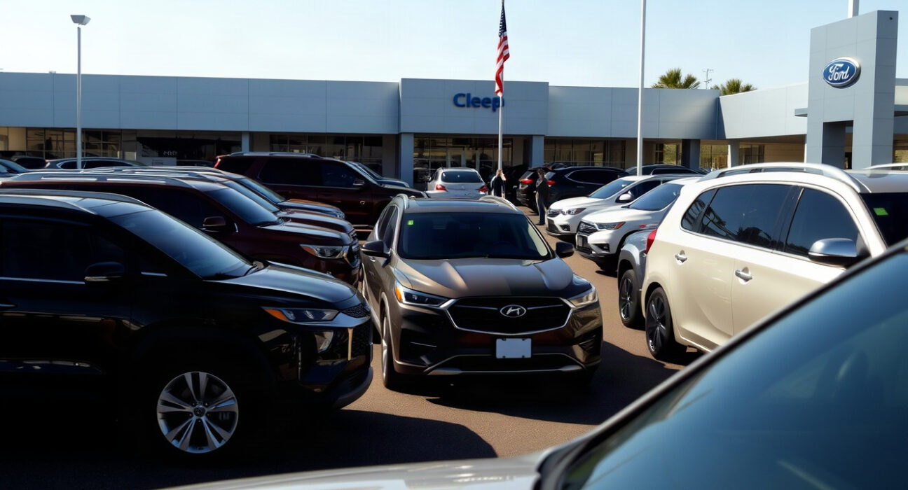 New cars lined up at a U.S. dealership lot on a sunny day, reflecting strong August auto sales.