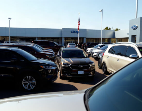 New cars lined up at a U.S. dealership lot on a sunny day, reflecting strong August auto sales.