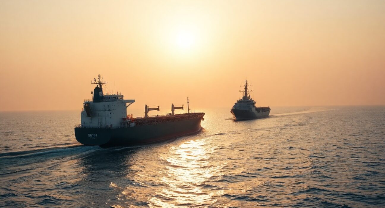 Aerial view of oil tanker and naval vessel in the Strait of Hormuz