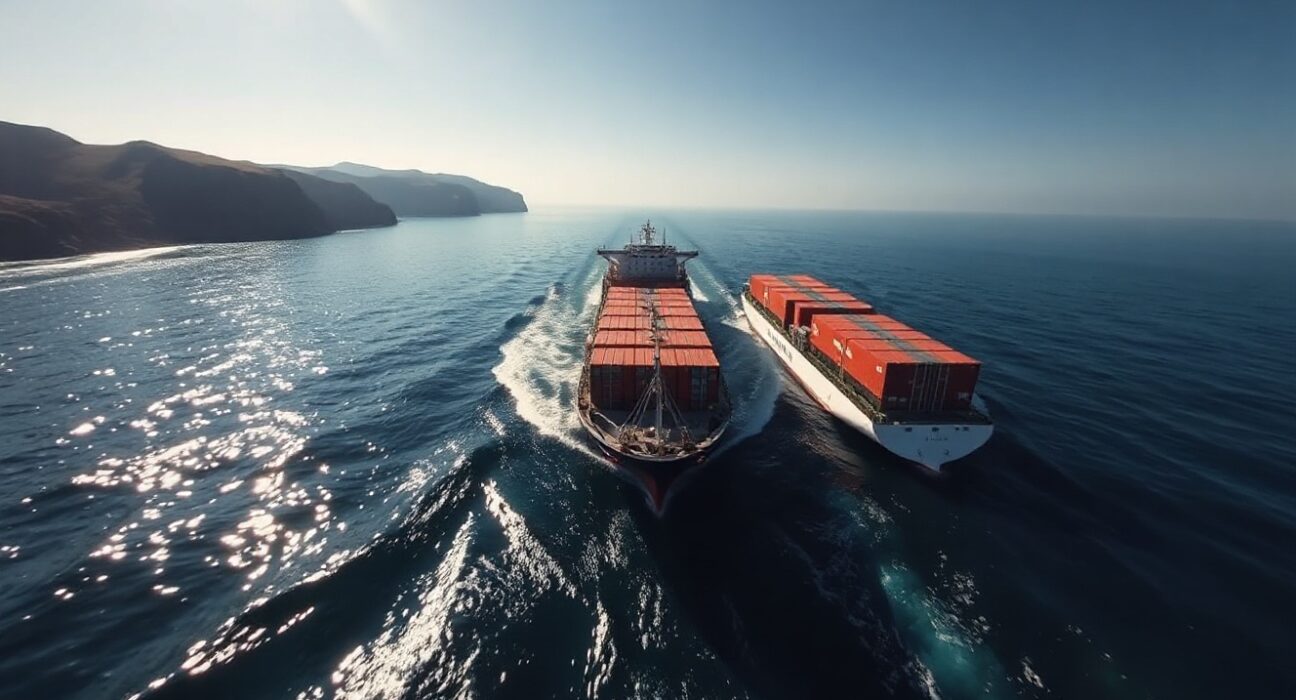 Oil tanker and container ship navigating the Strait of Hormuz under clear morning light