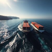 Oil tanker and container ship navigating the Strait of Hormuz under clear morning light