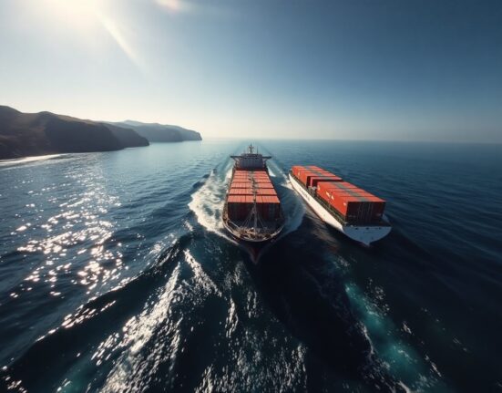 Oil tanker and container ship navigating the Strait of Hormuz under clear morning light