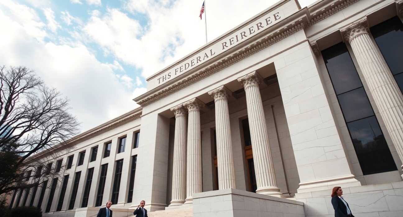Exterior view of the US Federal Reserve building in Washington, D.C., on a sunny morning with professionals walking nearby.