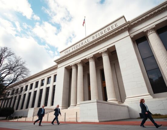 Exterior view of the US Federal Reserve building in Washington, D.C., on a sunny morning with professionals walking nearby.