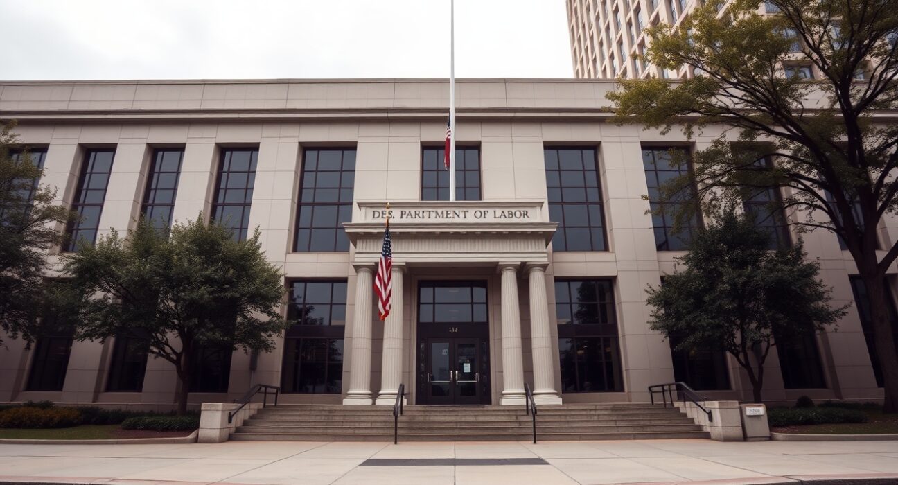 Exterior of the US Department of Labor building in Washington, D.C., on a clear day.