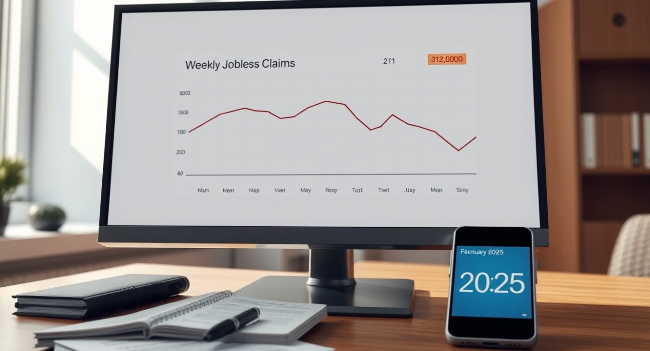 Economic data dashboard showing US weekly jobless claims at 213,000 for February 2025, indicating labor market strength.