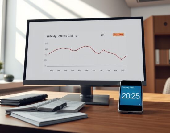 Economic data dashboard showing US weekly jobless claims at 213,000 for February 2025, indicating labor market strength.