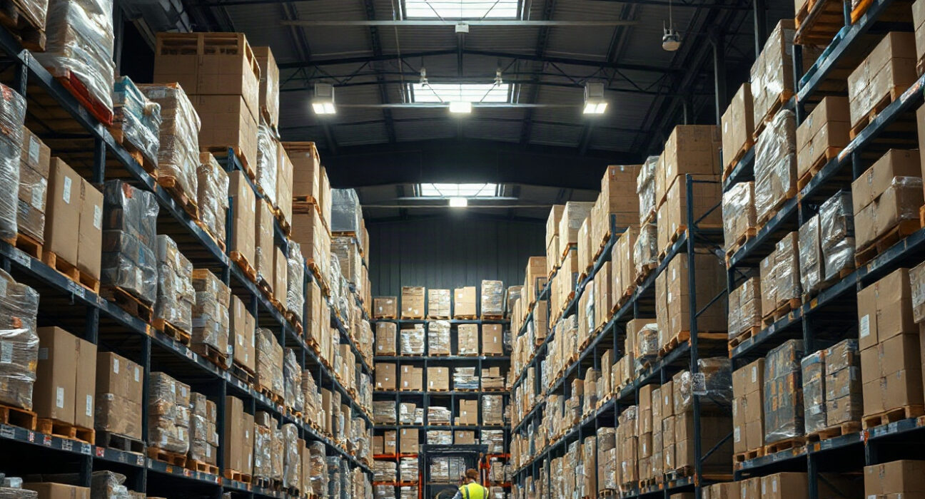 Interior of a large US wholesale warehouse with stacked goods and workers, illustrating inventory data.