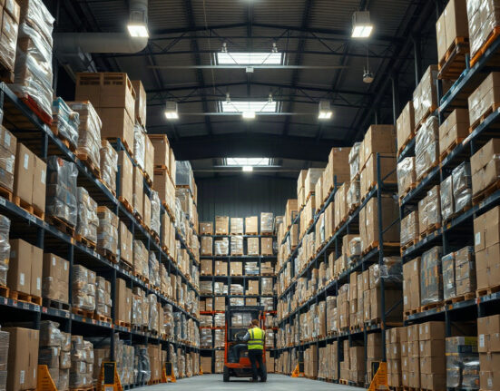 Interior of a large US wholesale warehouse with stacked goods and workers, illustrating inventory data.