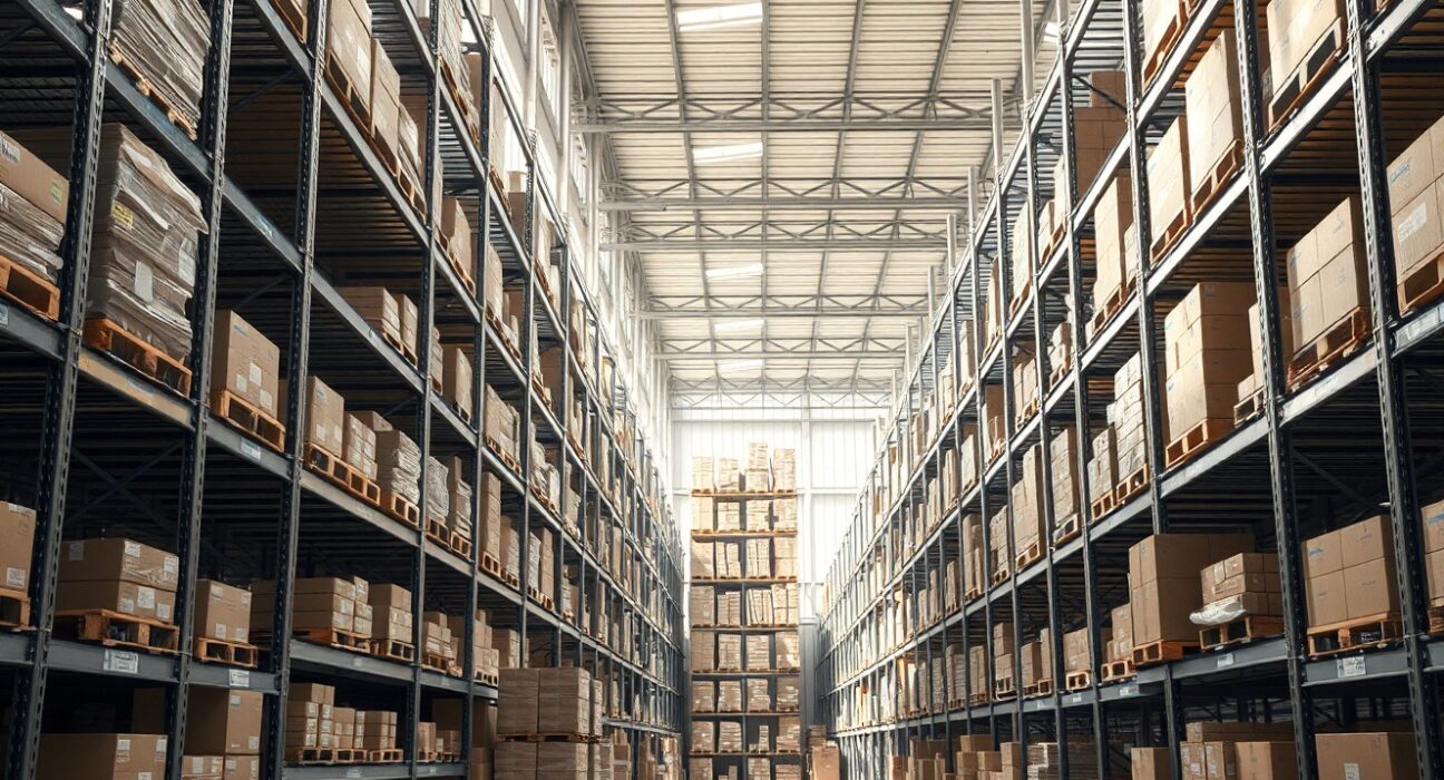 Interior of a large US wholesale warehouse with stacked inventory on shelves.