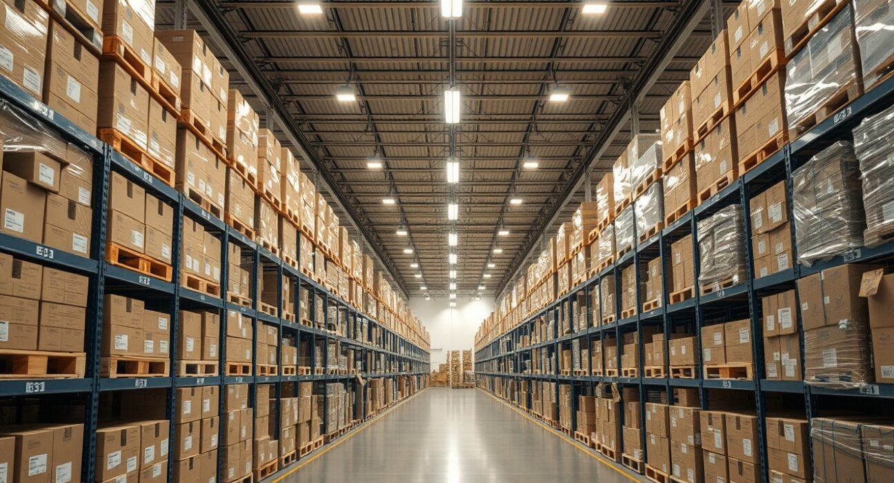 Interior of a large US warehouse with rows of stacked pallets of goods, representing wholesale inventory levels.