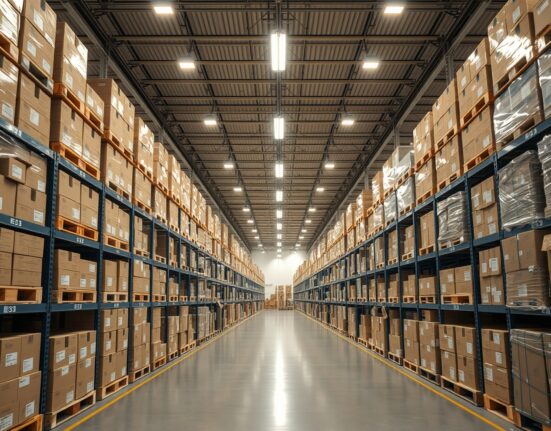Interior of a large US warehouse with rows of stacked pallets of goods, representing wholesale inventory levels.