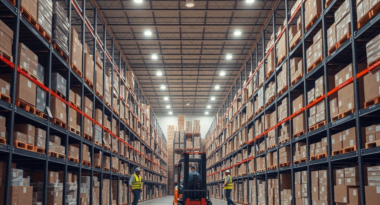 Interior view of a large US wholesale warehouse with stacked inventory on shelves.