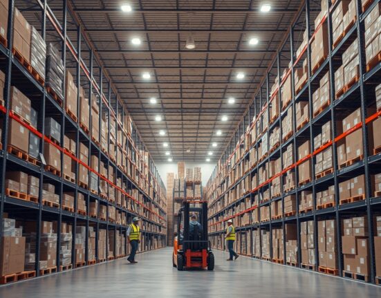 Interior view of a large US wholesale warehouse with stacked inventory on shelves.