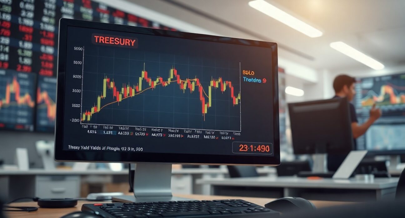 Treasury yield chart and oil price ticker on a financial newsroom screen