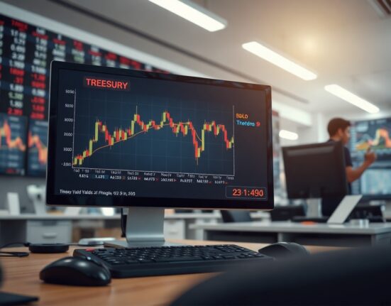 Treasury yield chart and oil price ticker on a financial newsroom screen