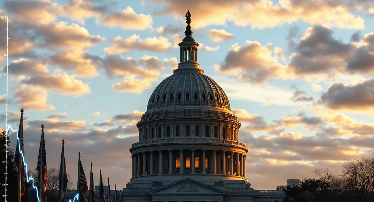 US Capitol building at sunset with a faint rising yield chart overlay symbolizing market concerns.