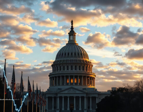US Capitol building at sunset with a faint rising yield chart overlay symbolizing market concerns.