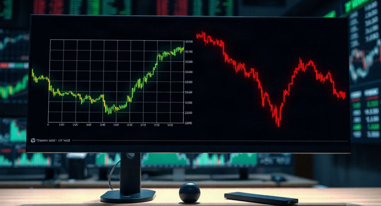 Comparison of rising US Treasury yields and falling dollar index on trading screens