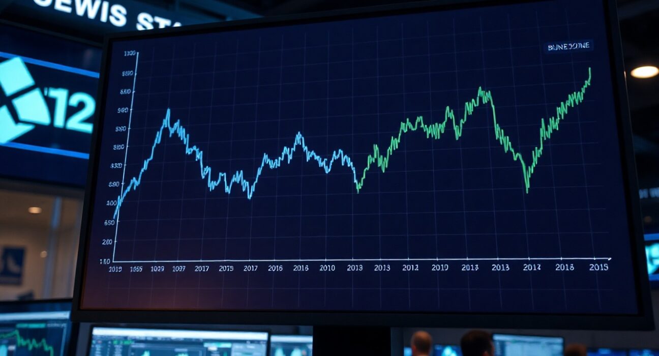 Financial data screen showing contrasting U.S. and euro zone bond yield trends in a newsroom setting.