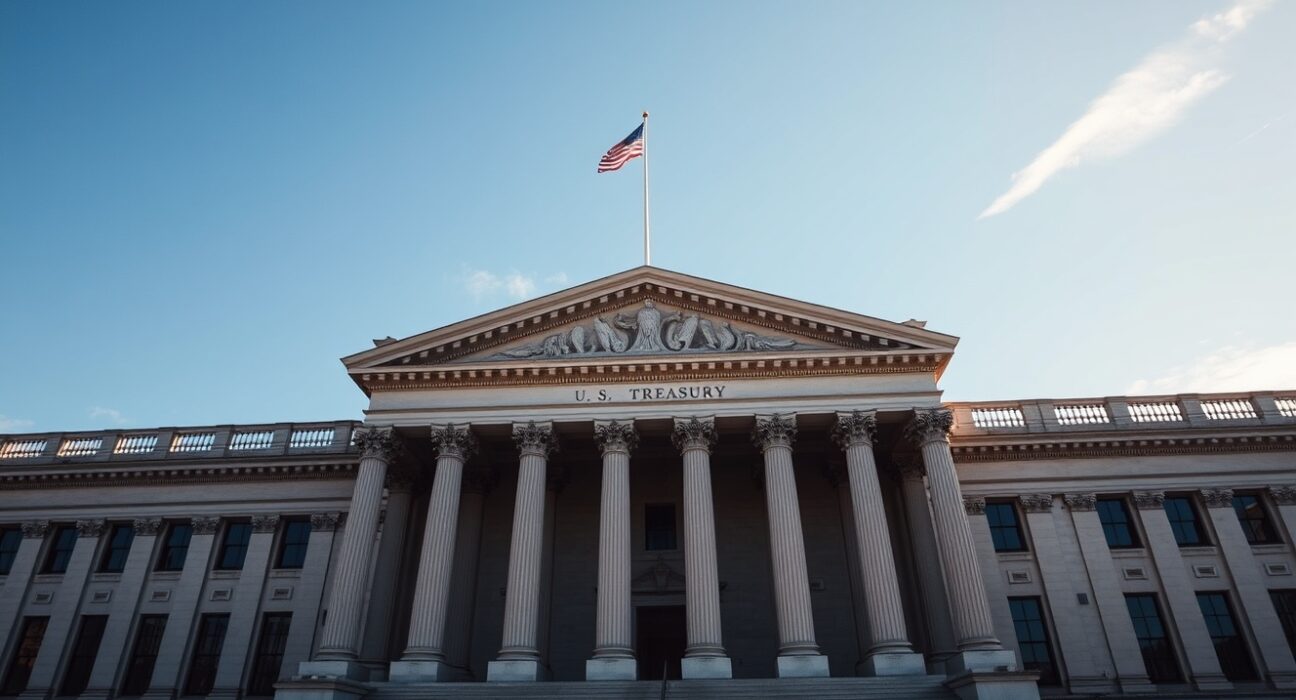 U.S. Treasury building in Washington D.C. on a clear day, representing bond market reaction to jobs data.