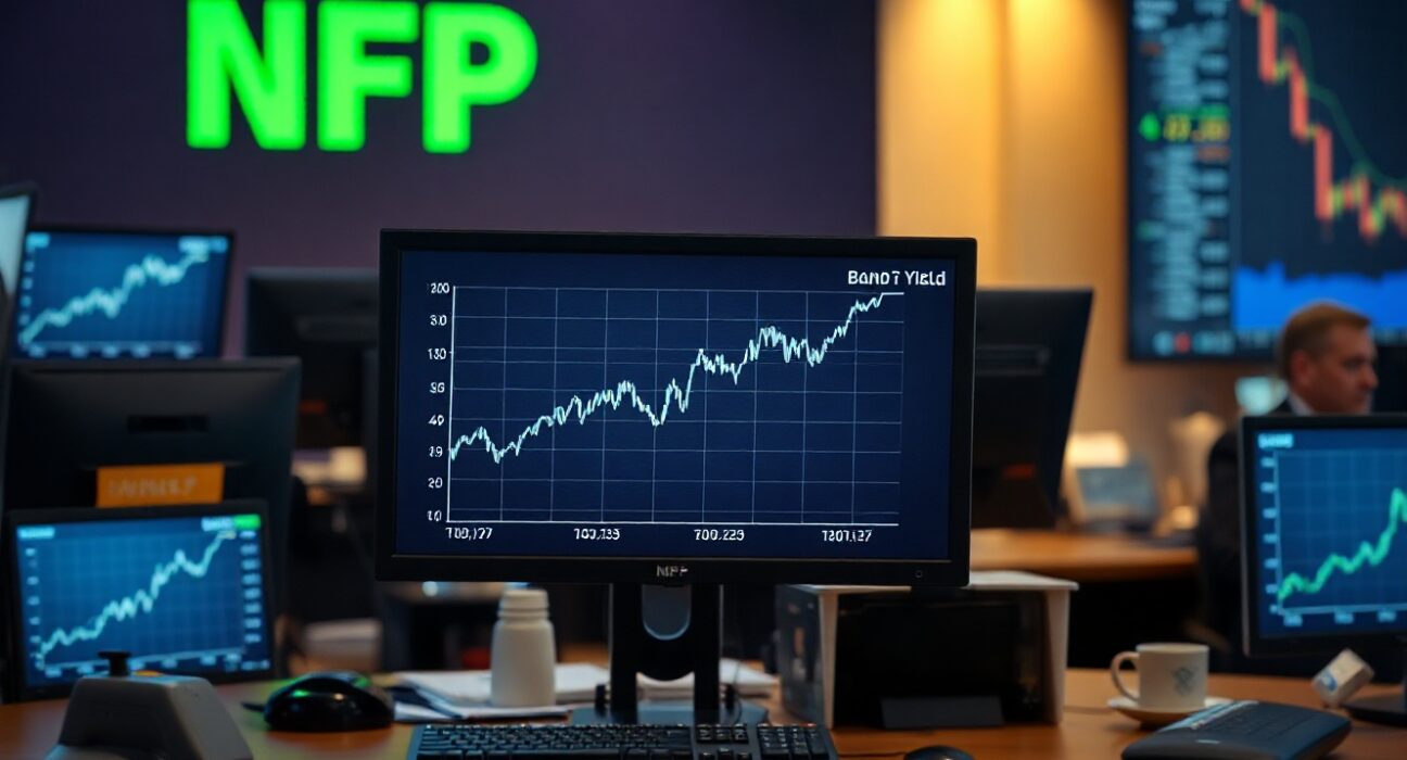 Financial news monitors showing US Treasury yield surge after strong NFP jobs report