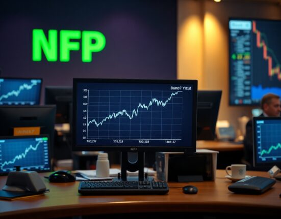 Financial news monitors showing US Treasury yield surge after strong NFP jobs report