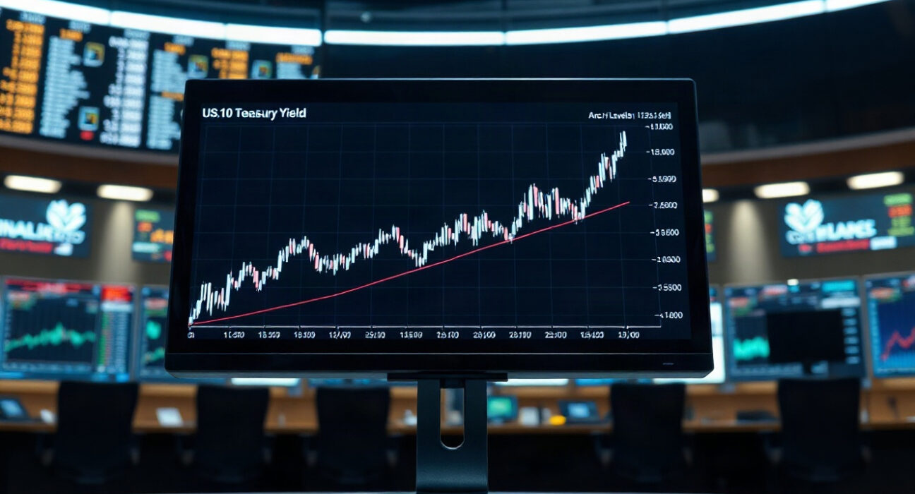 Trading screen showing US 10-year Treasury yield chart with arc levels