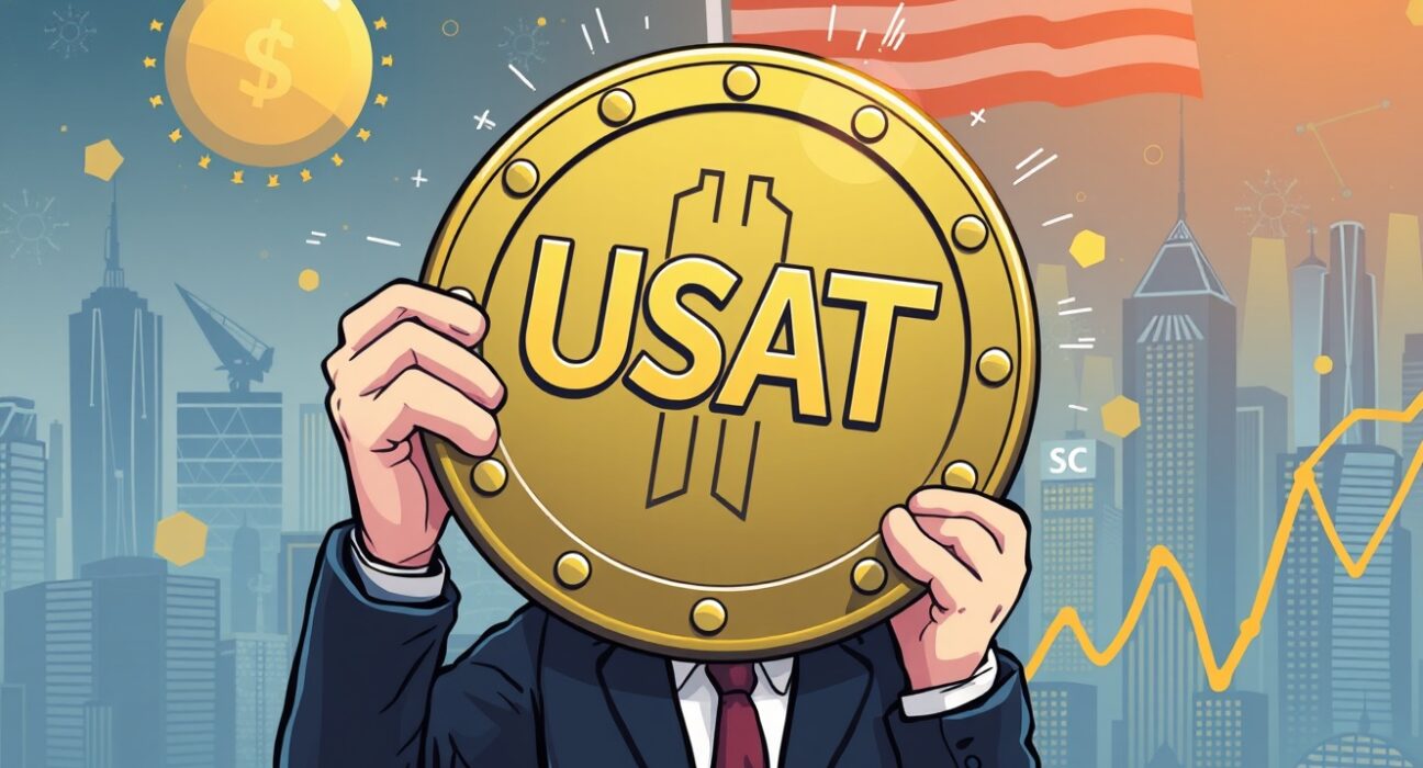A cartoon illustration showing the USAT stablecoin being introduced, representing Tether's new US-based crypto initiative.