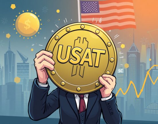 A cartoon illustration showing the USAT stablecoin being introduced, representing Tether's new US-based crypto initiative.