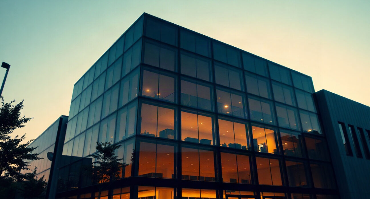 USBC corporate headquarters building with subtle Bitcoin symbols in glass reflection