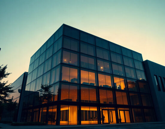 USBC corporate headquarters building with subtle Bitcoin symbols in glass reflection