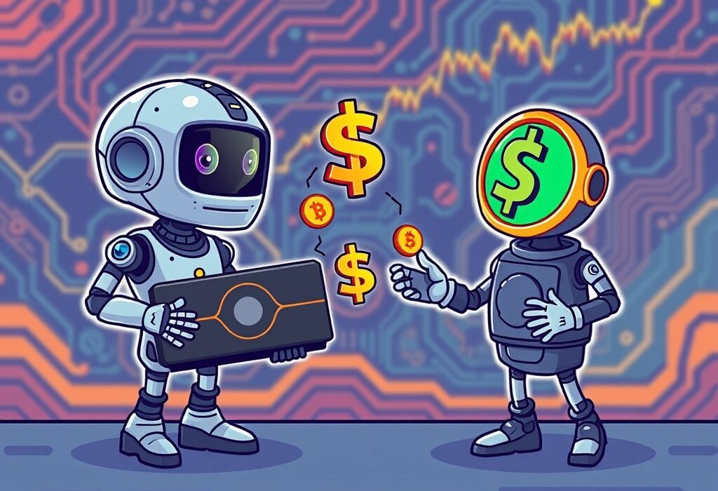 Cartoon showing USD.AI enabling swift AI funding by leveraging GPU-backed loans, bridging crypto and AI innovation.
