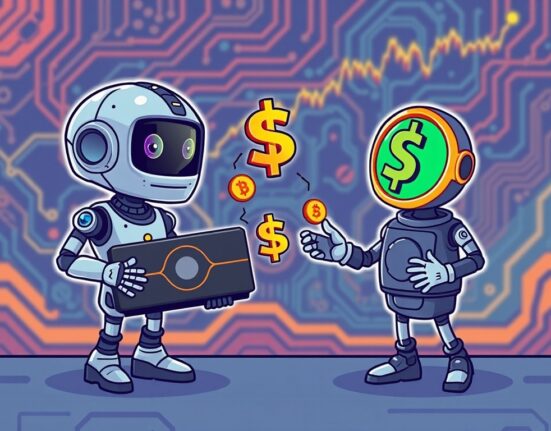 Cartoon showing USD.AI enabling swift AI funding by leveraging GPU-backed loans, bridging crypto and AI innovation.