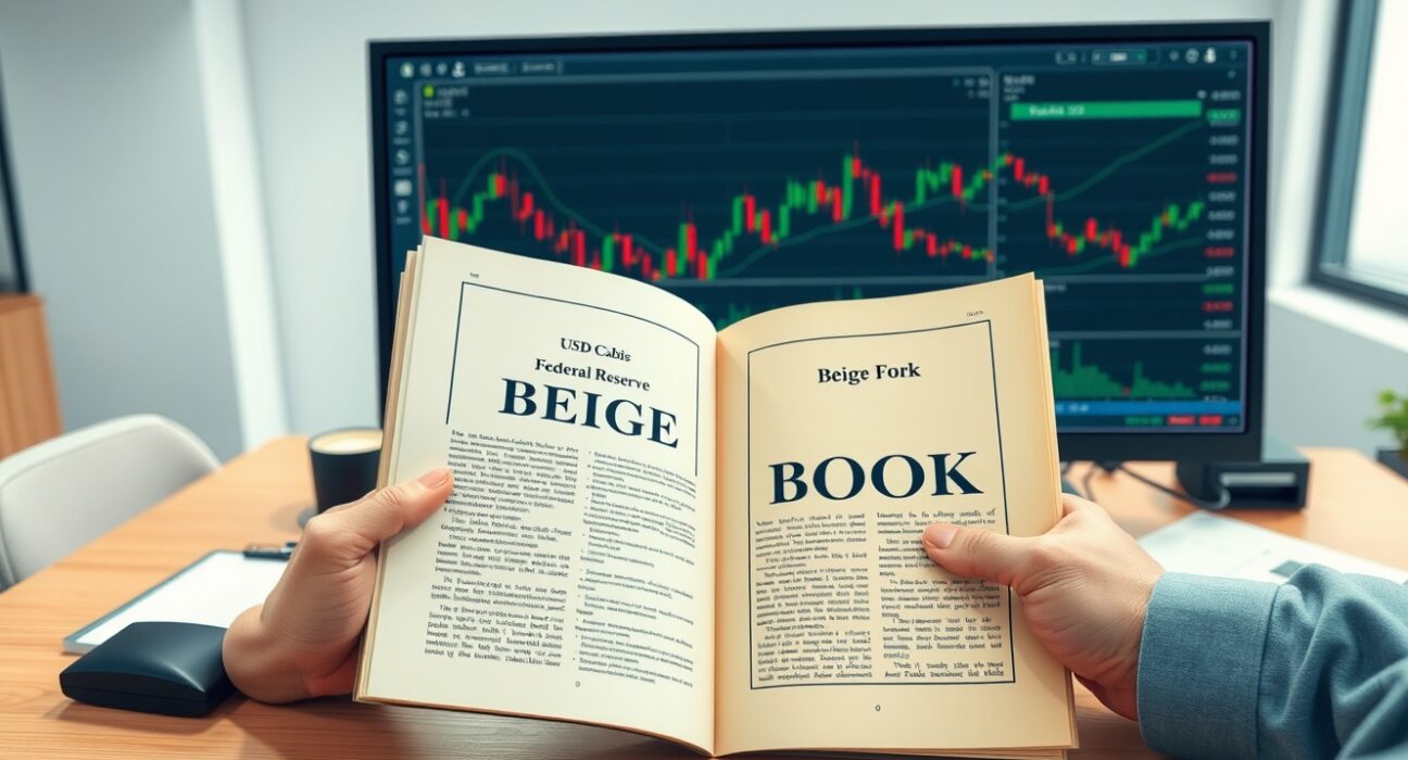 Financial analyst reviews Federal Reserve Beige Book report for USD currency insights and market analysis.