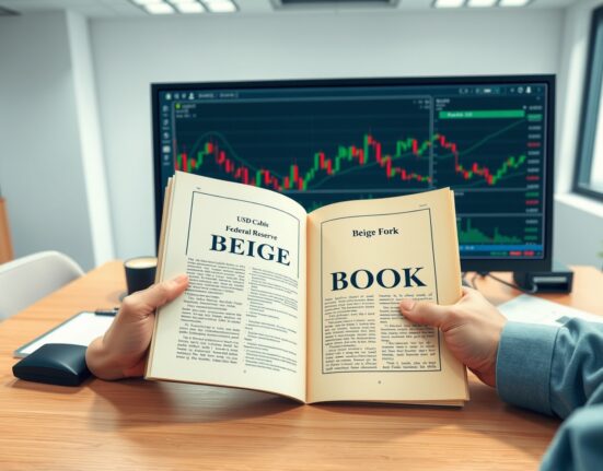 Financial analyst reviews Federal Reserve Beige Book report for USD currency insights and market analysis.