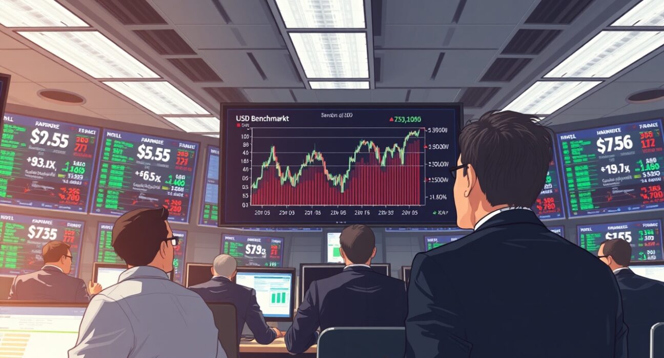 USD benchmarks chart on trading floor screens as statecraft reshapes FX markets, Rabobank analysis