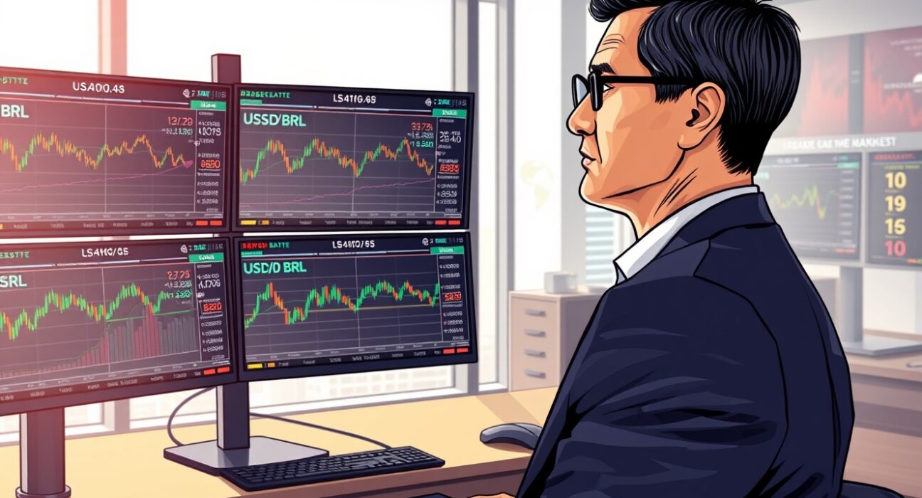 Financial analyst monitoring USD/BRL exchange rate and Brazilian Central Bank policy data in trading environment