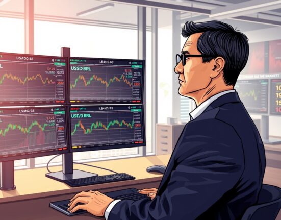 Financial analyst monitoring USD/BRL exchange rate and Brazilian Central Bank policy data in trading environment
