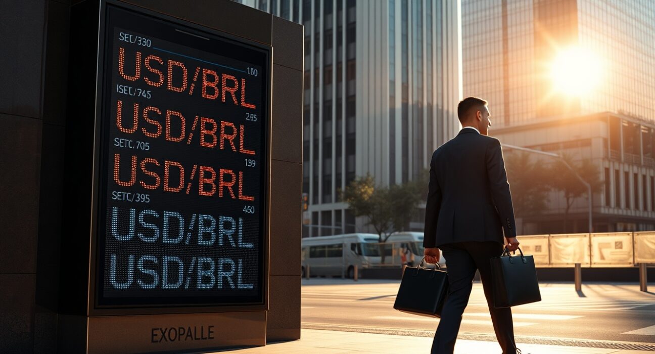 Currency exchange board displaying USD/BRL rates in São Paulo financial district
