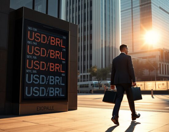 Currency exchange board displaying USD/BRL rates in São Paulo financial district