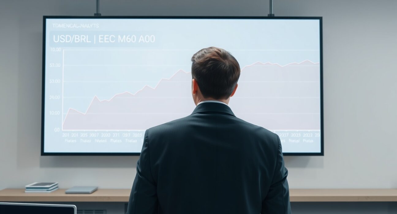 Financial analyst reviews USD/BRL exchange rate forecast chart showing projected rise to 5.55 by 2026.