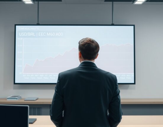 Financial analyst reviews USD/BRL exchange rate forecast chart showing projected rise to 5.55 by 2026.