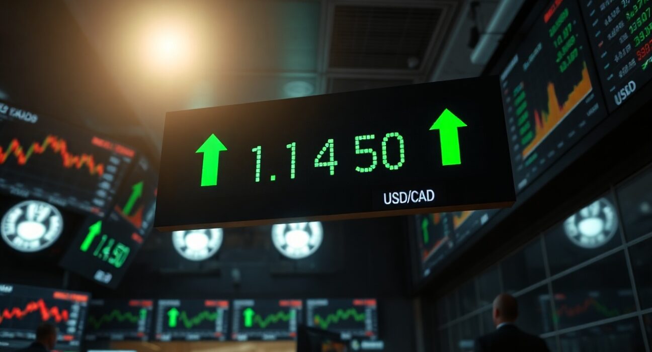 Digital trading screen showing USD/CAD forex pair at 1.4150 with bullish green indicators on a dimly lit trading floor
