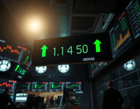 Digital trading screen showing USD/CAD forex pair at 1.4150 with bullish green indicators on a dimly lit trading floor