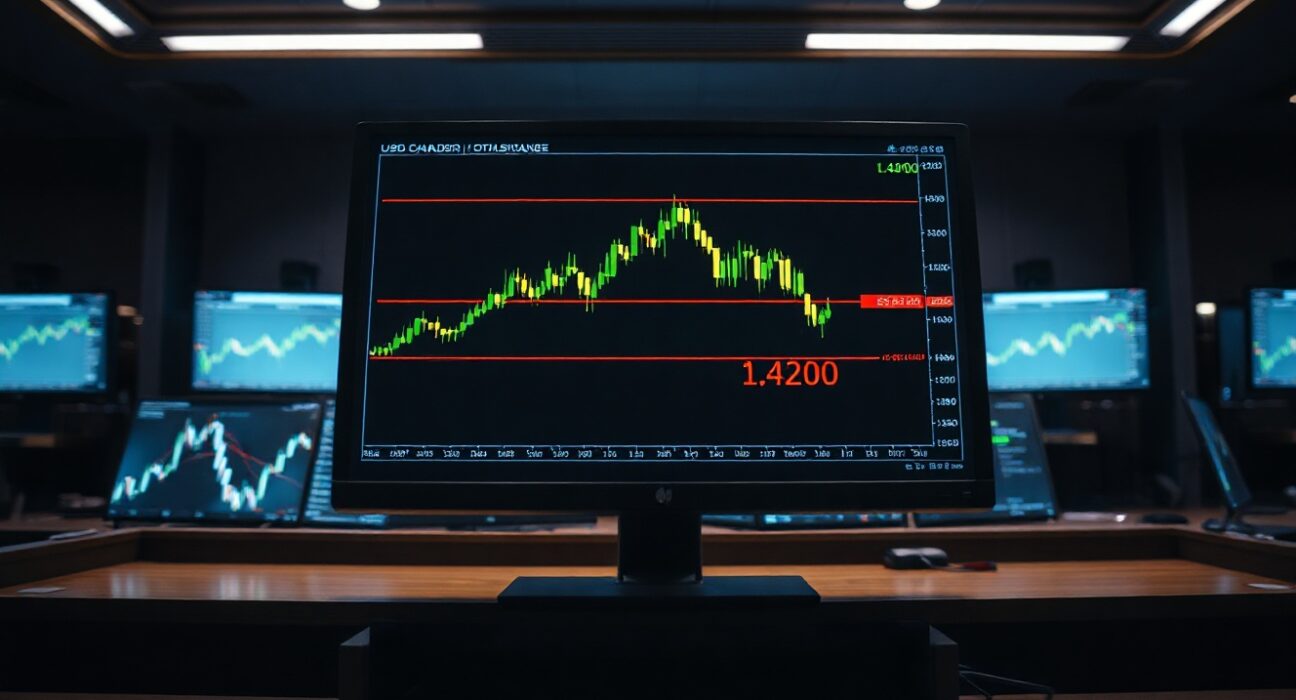 USD/CAD price chart approaching 1.4200 resistance on a trading desk monitor