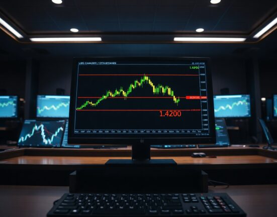 USD/CAD price chart approaching 1.4200 resistance on a trading desk monitor